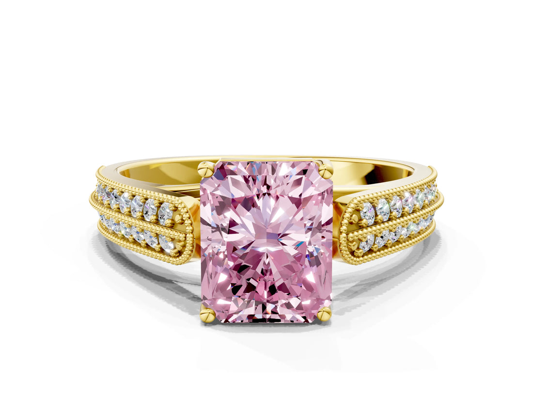 Yellow gold Fancy Pink Radiant Cut Cut Pave Split Shank Engagement Ring with Four-Prong Setting