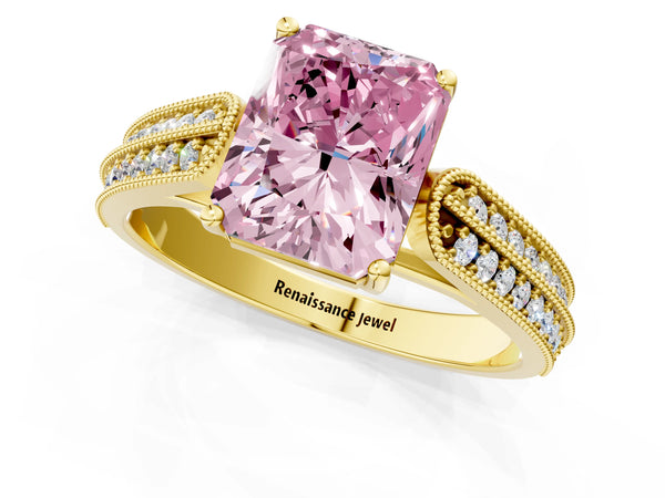 Yellow gold Fancy Pink Radiant Cut Cut Pave Split Shank Engagement Ring with Four-Prong Setting