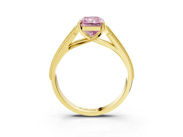 Yellow gold Fancy Pink Radiant Cut Cut Pave Split Shank Engagement Ring with Four-Prong Setting