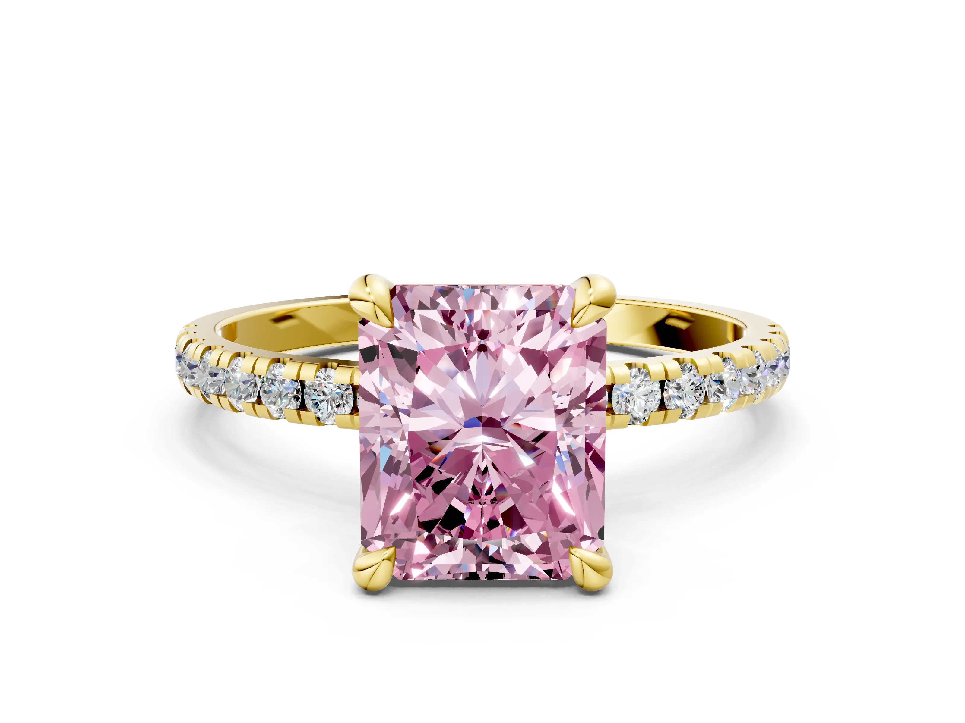 Yellow gold Fancy Pink Radiant Cut Diamond Brilliant Solitaire Ring with Pavé Band and Four-Prong Setting