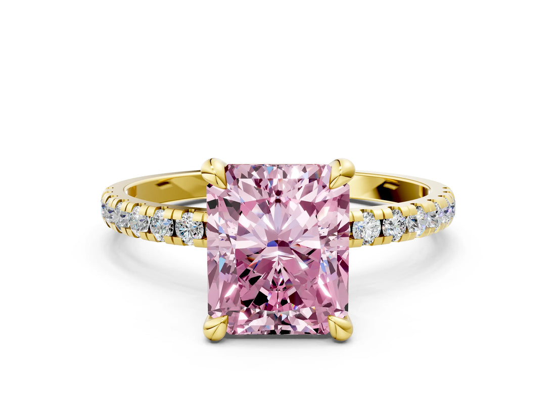 Yellow gold Fancy Pink Radiant Cut Diamond Brilliant Solitaire Ring with Pavé Band and Four-Prong Setting_12