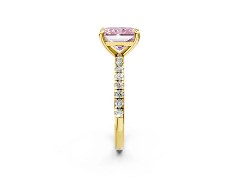 Yellow gold Fancy Pink Radiant Cut Diamond Brilliant Solitaire Ring with Pavé Band and Four-Prong Setting_2