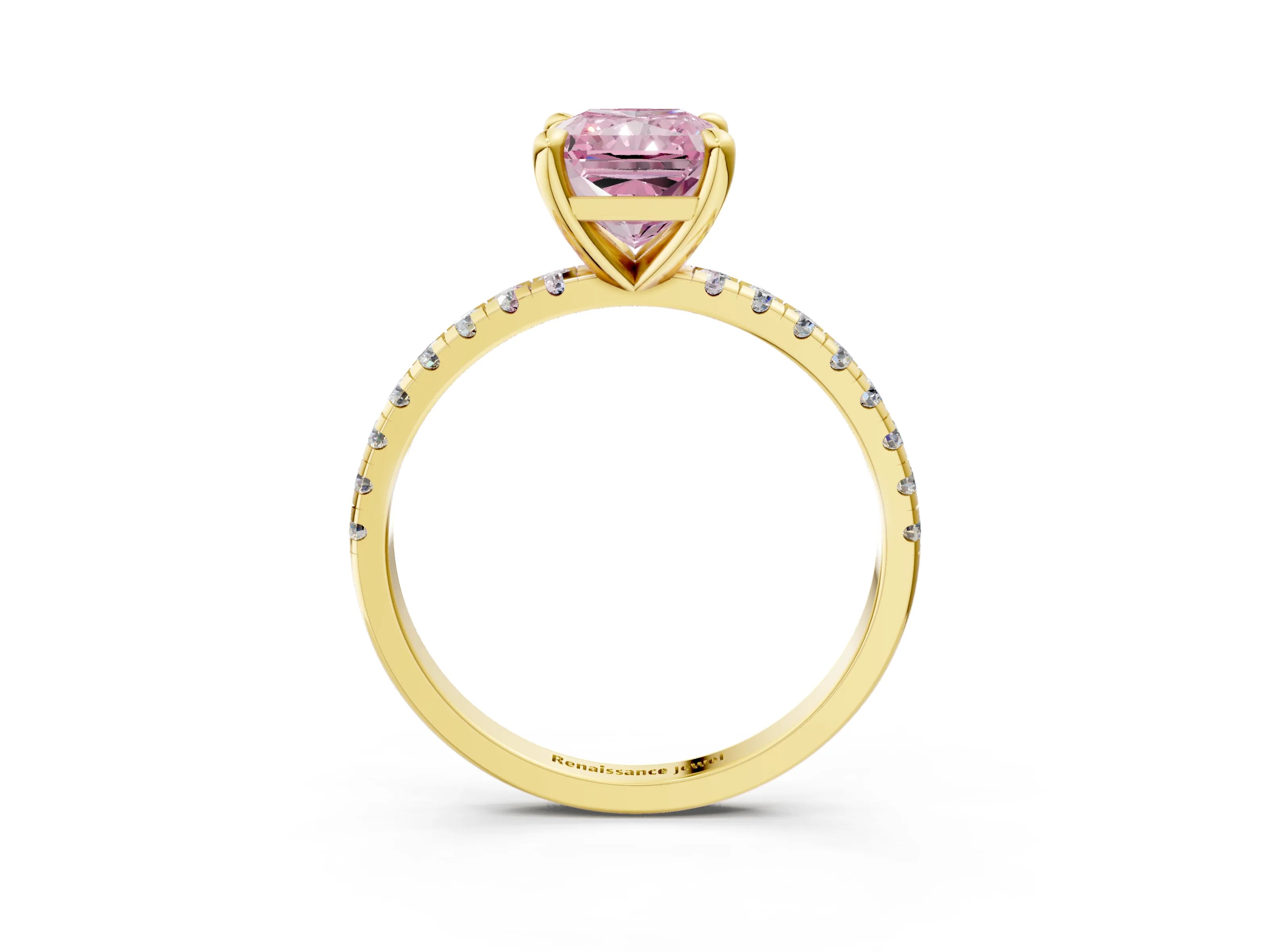 Yellow gold Fancy Pink Radiant Cut Diamond Brilliant Solitaire Ring with Pavé Band and Four-Prong Setting_3