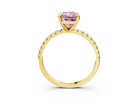 Yellow gold Fancy Pink Radiant Cut Diamond Brilliant Solitaire Ring with Pavé Band and Four-Prong Setting_3