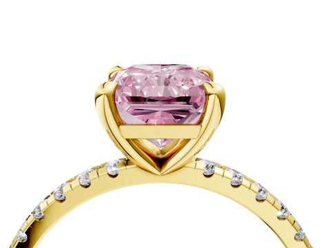 Yellow gold Fancy Pink Radiant Cut Diamond Brilliant Solitaire Ring with Pavé Band and Four-Prong Setting_4