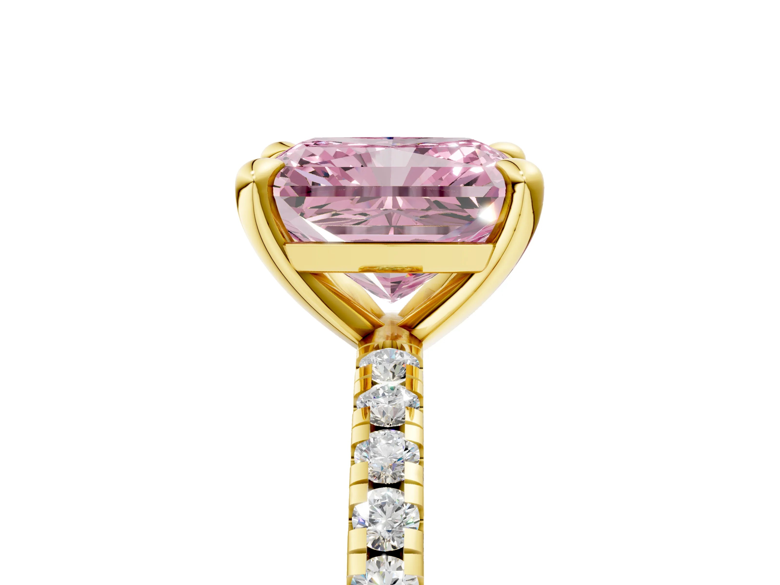 Yellow gold Fancy Pink Radiant Cut Diamond Brilliant Solitaire Ring with Pavé Band and Four-Prong Setting_5