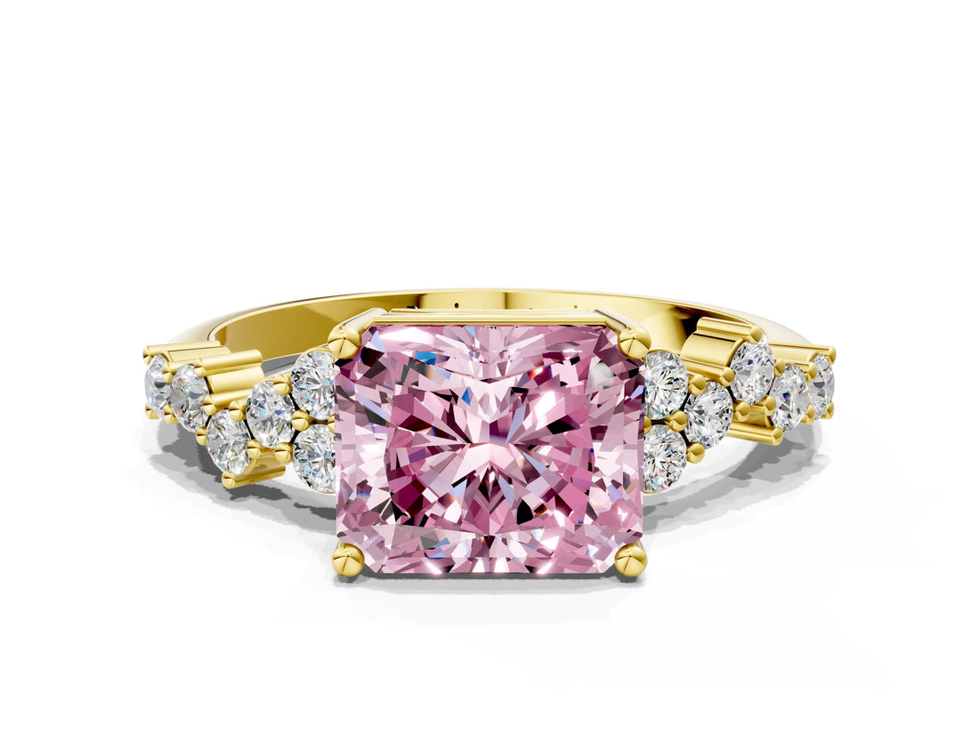 Yellow gold Fancy Pink Radiant Cut Diamond Cluster Pavé Band with Four-Prong Setting_3