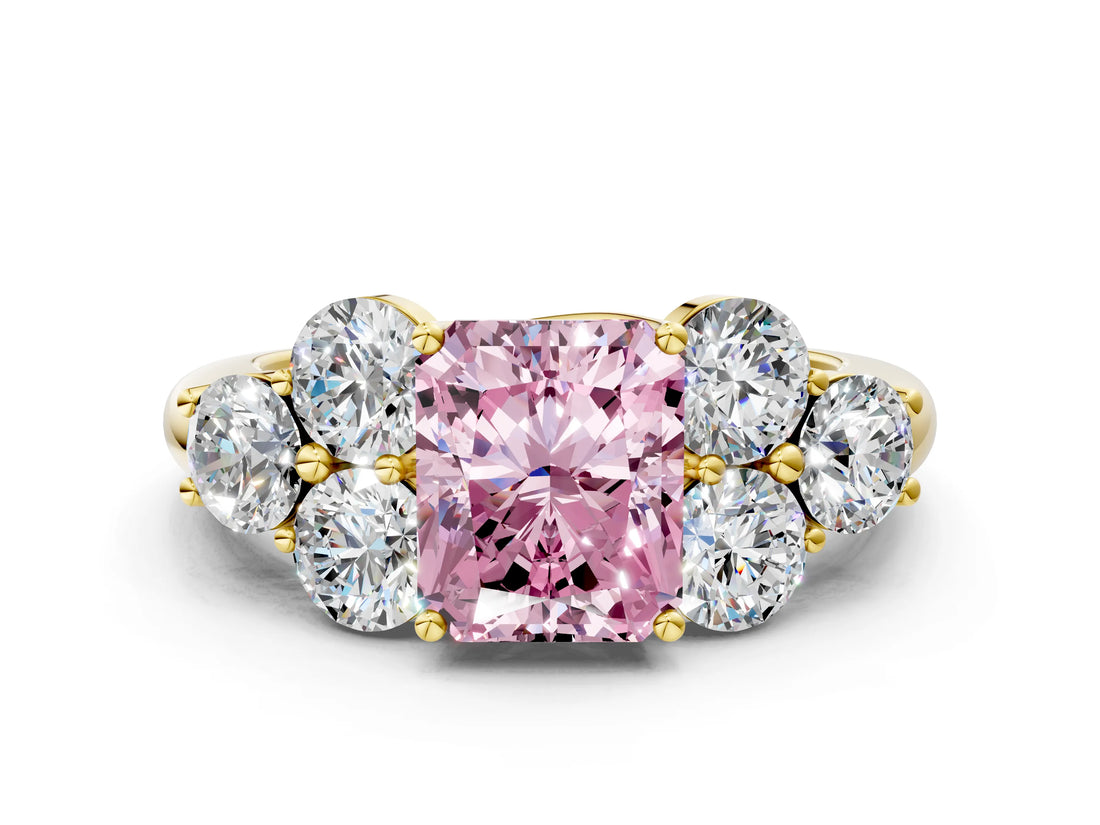 Yellow gold Fancy Pink Radiant  Cut Diamond Cluster Ring with Round Accent Stones and Prong Setting on a Classic Band_48
