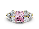 Yellow gold Fancy Pink Radiant  Cut Diamond Cluster Ring with Round Accent Stones and Prong Setting on a Classic Band_48