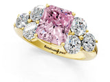 Yellow gold Fancy Pink Radiant  Cut Diamond Cluster Ring with Round Accent Stones and Prong Setting on a Classic Band_49