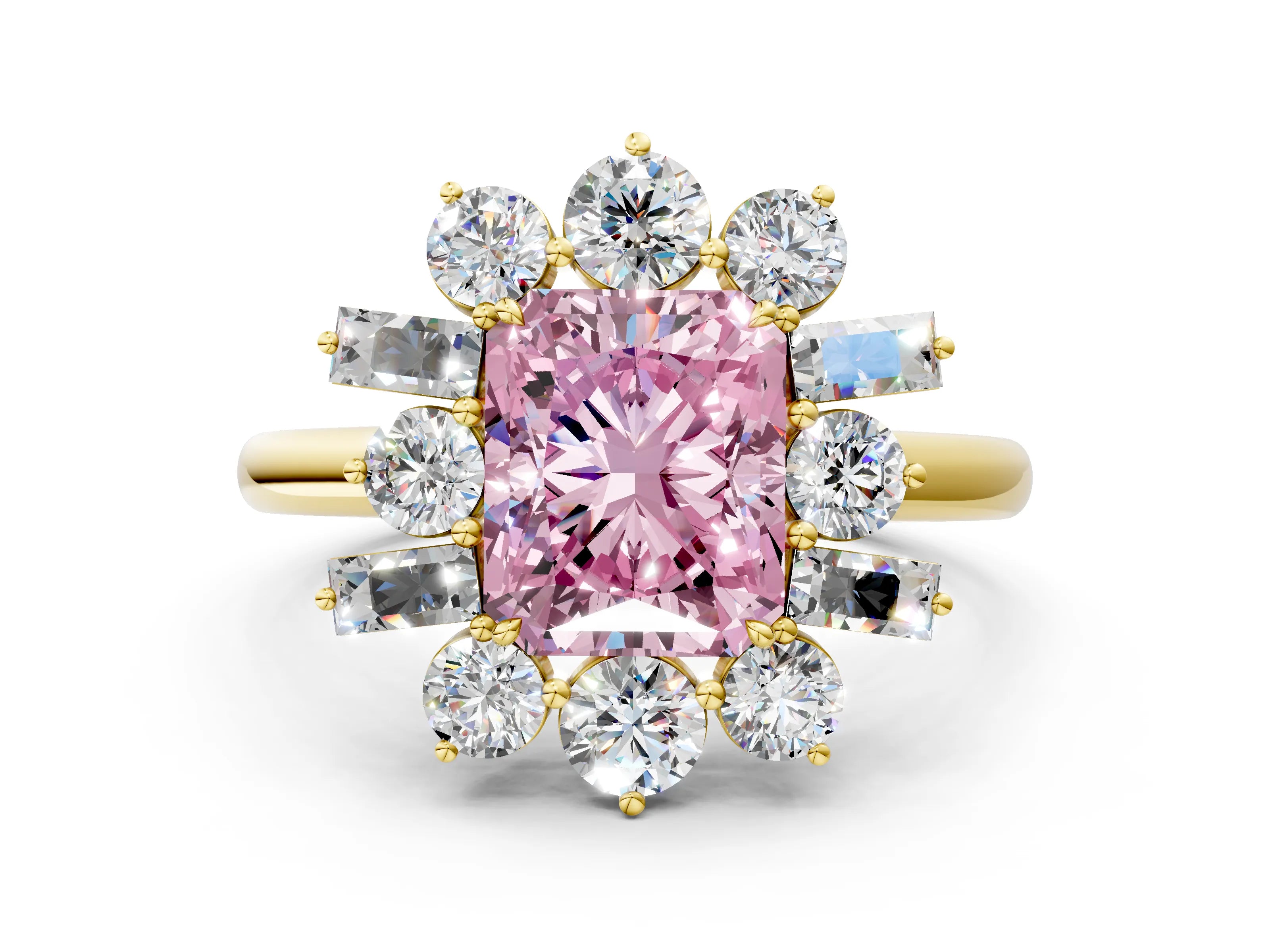 Yellow gold Fancy Pink Radiant Cut Diamond Cluster Ring with Round and Baguette Stones, Split Shank Band, Prong Setting