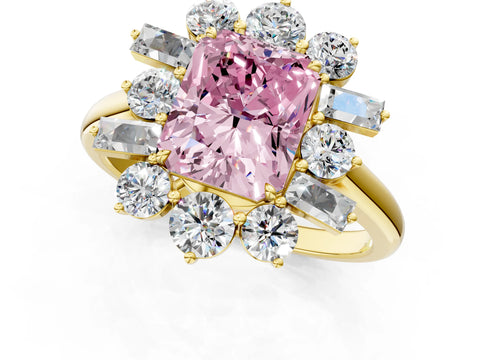 Yellow gold Fancy Pink Radiant Cut Diamond Cluster Ring with Round and Baguette Stones, Split Shank Band, Prong Setting_1
