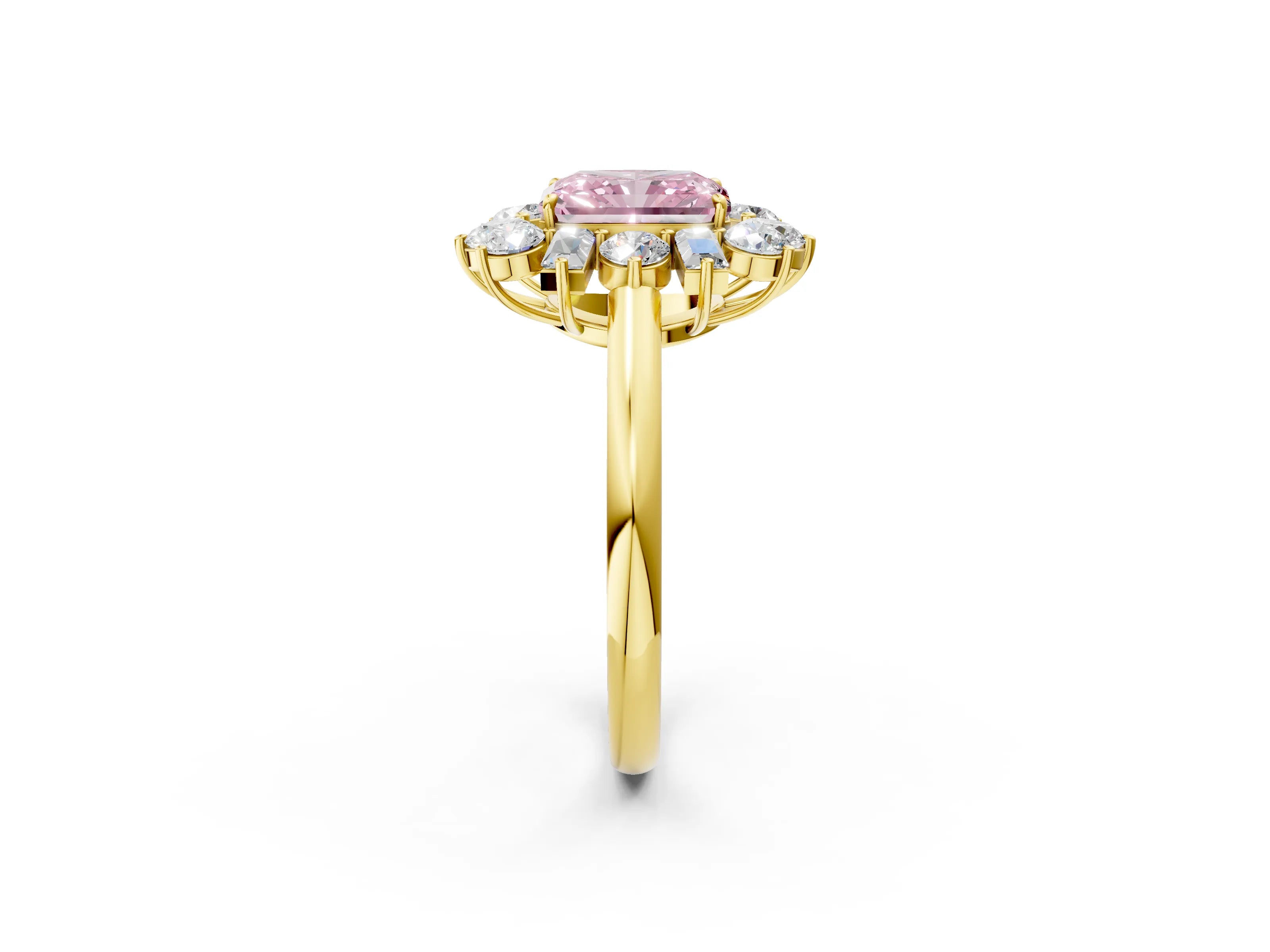 Yellow gold Fancy Pink Radiant Cut Diamond Cluster Ring with Round and Baguette Stones, Split Shank Band, Prong Setting_2