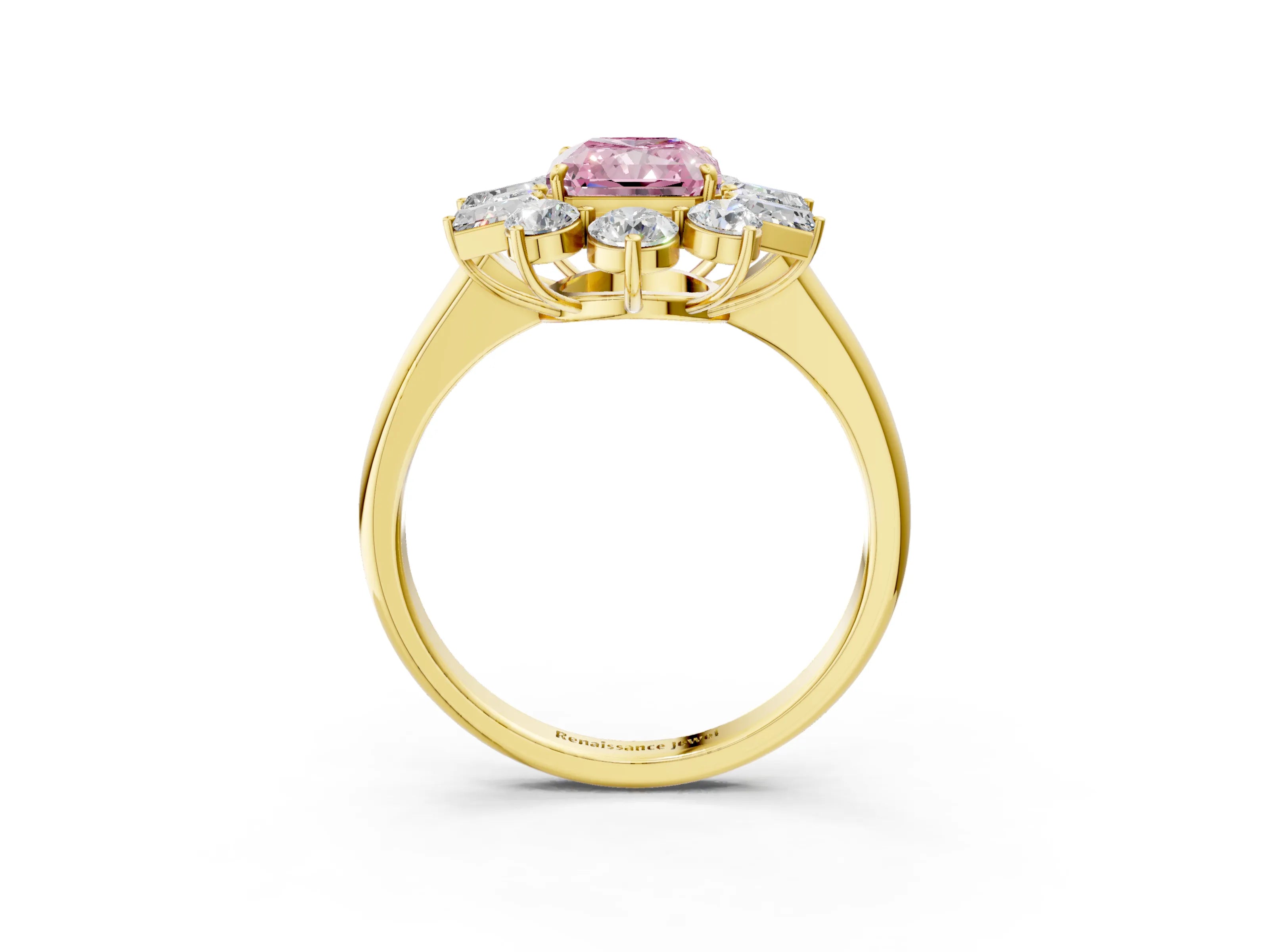 Yellow gold Fancy Pink Radiant Cut Diamond Cluster Ring with Round and Baguette Stones, Split Shank Band, Prong Setting_3