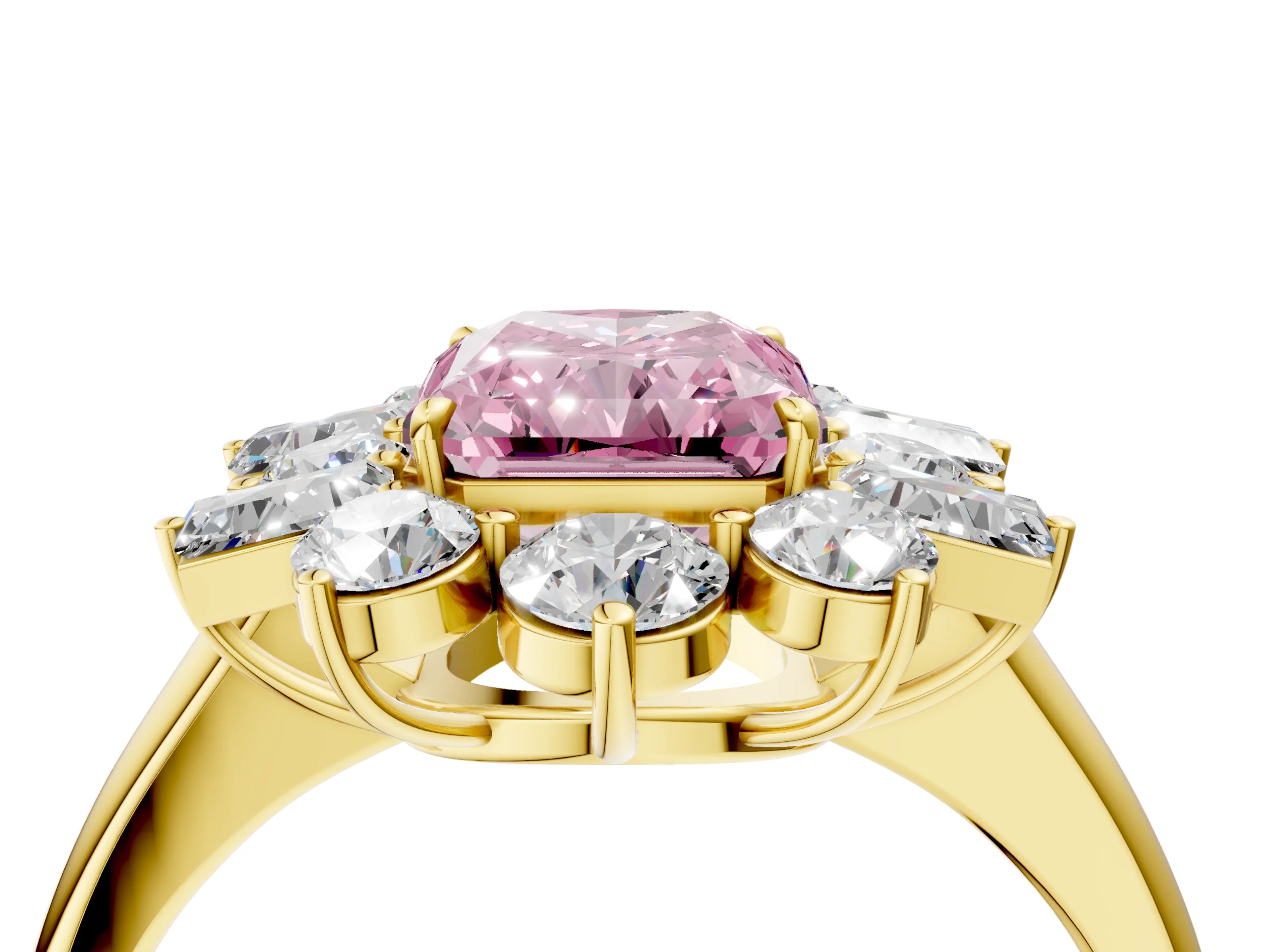 Yellow gold Fancy Pink Radiant Cut Diamond Cluster Ring with Round and Baguette Stones, Split Shank Band, Prong Setting_4