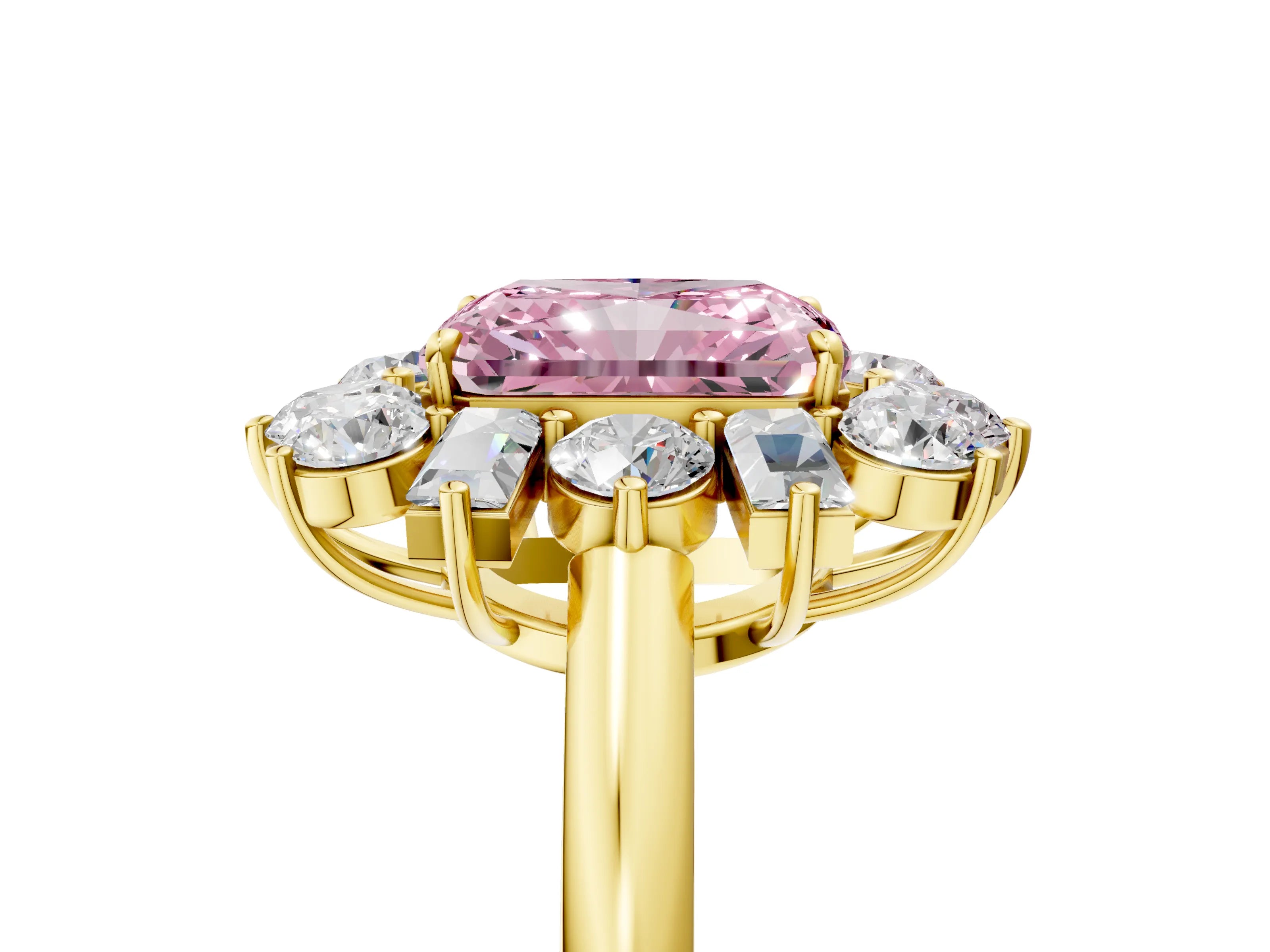 Yellow gold Fancy Pink Radiant Cut Diamond Cluster Ring with Round and Baguette Stones, Split Shank Band, Prong Setting_5