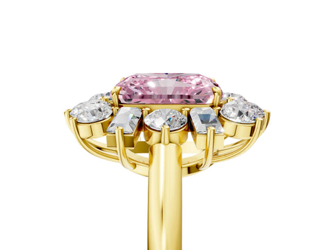 Yellow gold Fancy Pink Radiant Cut Diamond Cluster Ring with Round and Baguette Stones, Split Shank Band, Prong Setting_5