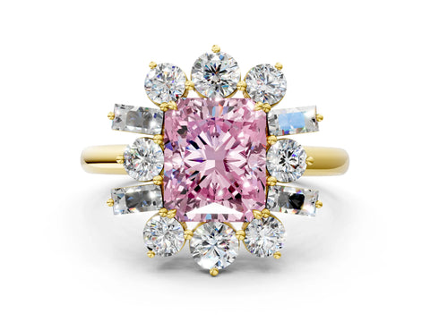 Yellow gold Fancy Pink Radiant Cut Diamond Cluster Ring with Round and Baguette Stones, Split Shank Band, Prong Setting