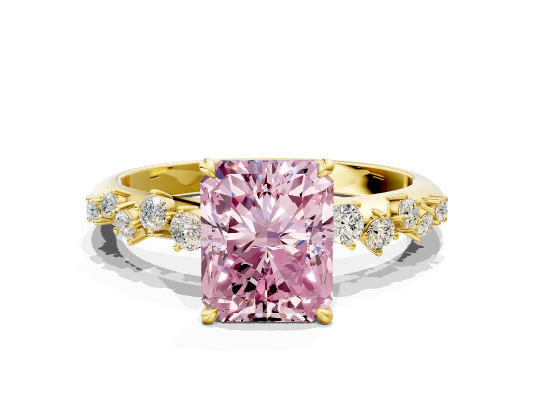 Yellow gold Fancy Pink Radiant Cut Diamond Cluster Side Stone Solitaire Ring with Prong Setting_70