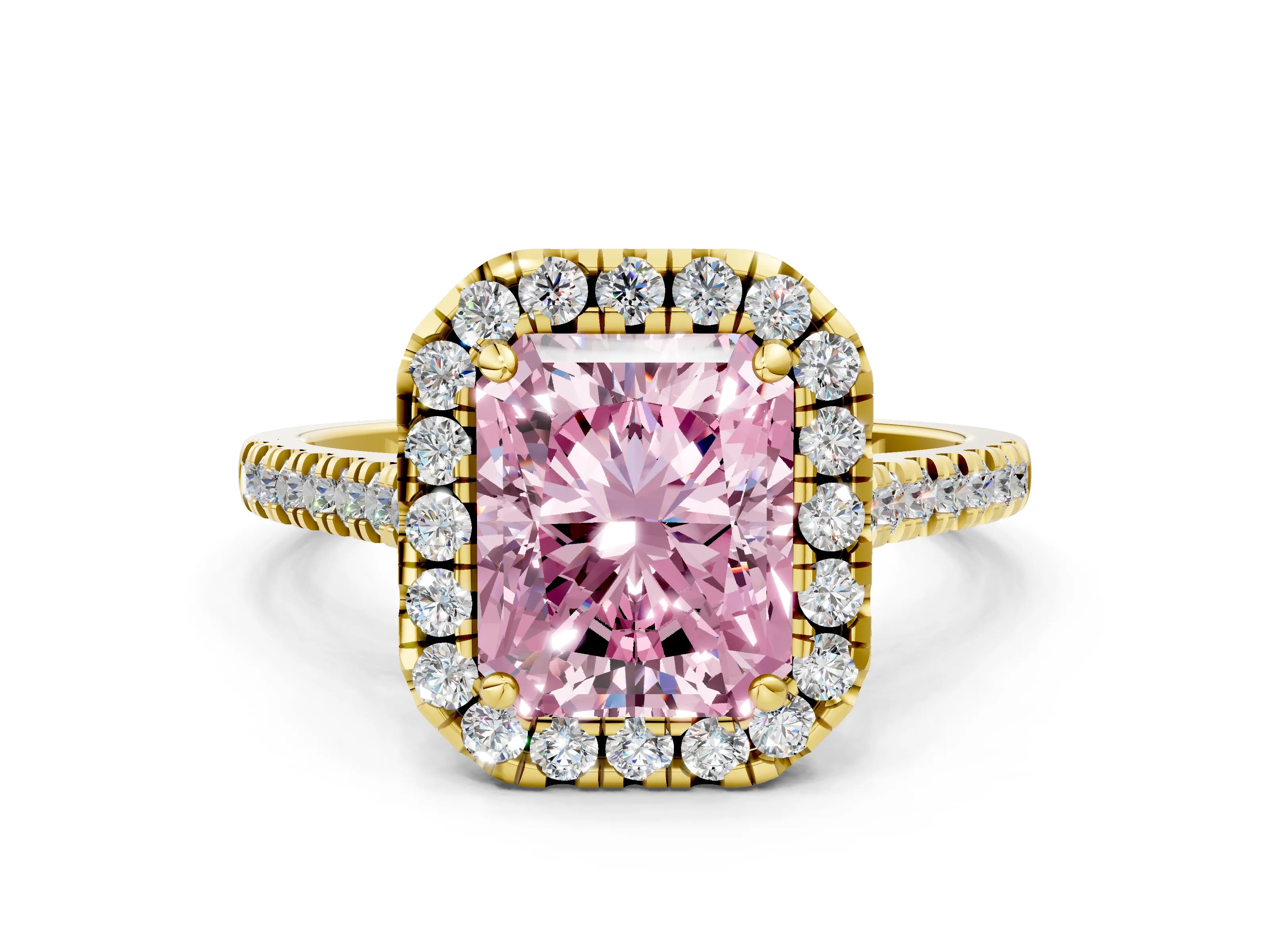 Yellow gold Fancy Pink Radiant Cut Diamond Cushion Halo Ring with Pavé Band