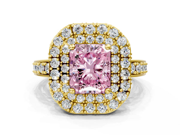 Yellow gold Fancy Pink Radiant Cut Diamond Double Halo Ring with Pavé Band and Four-Prong Setting
