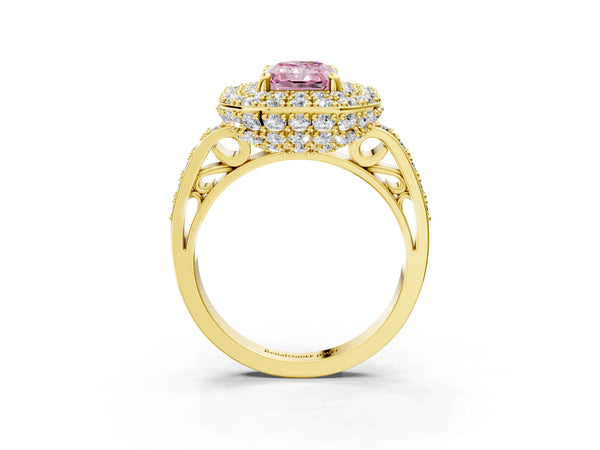 Yellow gold Fancy Pink Radiant Cut Diamond Double Halo Ring with Pavé Band and Four-Prong Setting