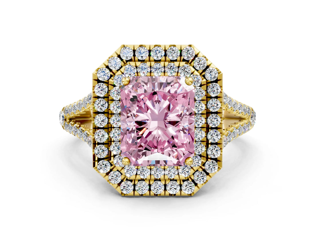 Yellow gold Fancy Pink Radiant Cut Diamond Double Halo Ring with Pavé Band and Prong Setting_90
