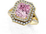 Yellow gold Fancy Pink Radiant Cut Diamond Double Halo Ring with Pavé Band and Prong Setting_91