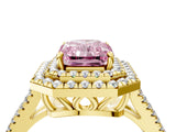 Yellow gold Fancy Pink Radiant Cut Diamond Double Halo Ring with Pavé Band and Prong Setting_94