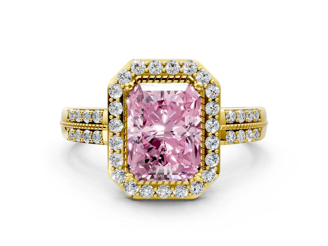 Yellow gold Fancy Pink Radiant Cut Diamond Double Halo Ring with Split Shank and Four-Prong Setting