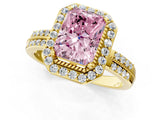 Yellow gold Fancy Pink Radiant Cut Diamond Double Halo Ring with Split Shank and Four-Prong Setting_1