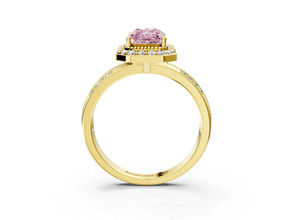 Yellow gold Fancy Pink Radiant Cut Diamond Double Halo Ring with Split Shank and Four-Prong Setting