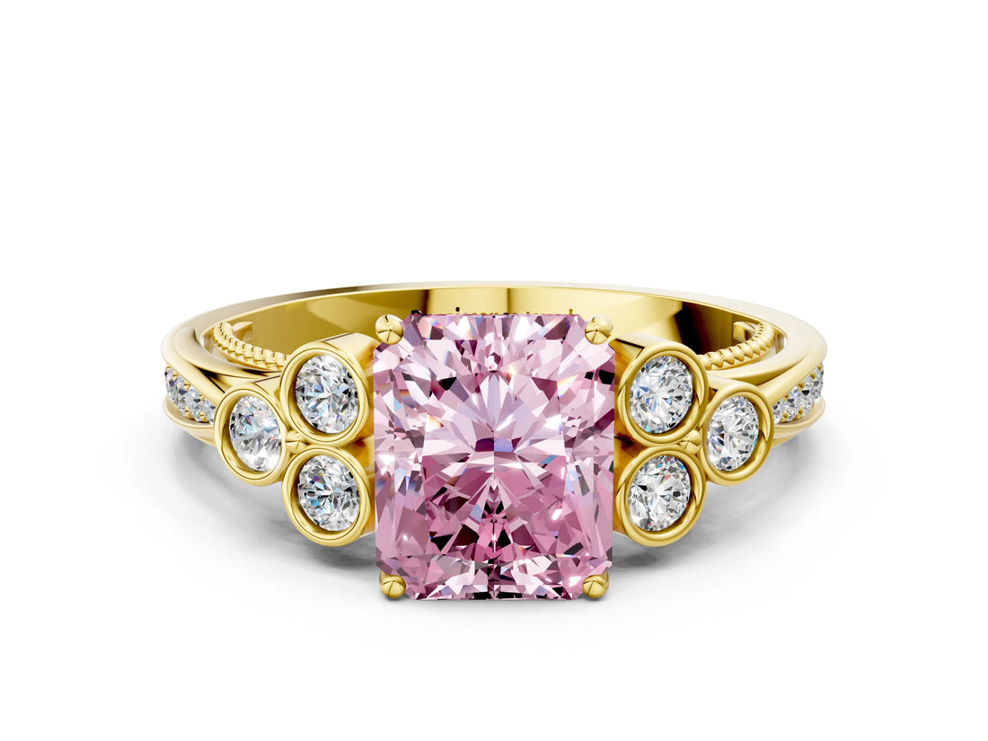 Yellow gold Fancy Pink Radiant  Cut Diamond Engagement Ring with Bezel Set Round Side Stones and Prong Setting_68