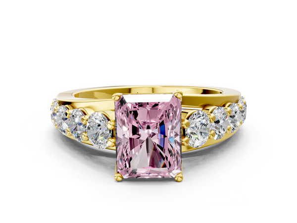 Yellow gold Fancy Pink Radiant Cut Diamond Engagement Ring with Pavé Band and Four-Prong Setting