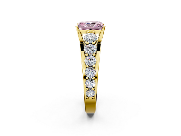 Yellow gold Fancy Pink Radiant Cut Diamond Engagement Ring with Pavé Band and Four-Prong Setting