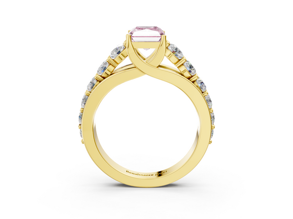 Yellow gold Fancy Pink Radiant Cut Diamond Engagement Ring with Pavé Band and Four-Prong Setting