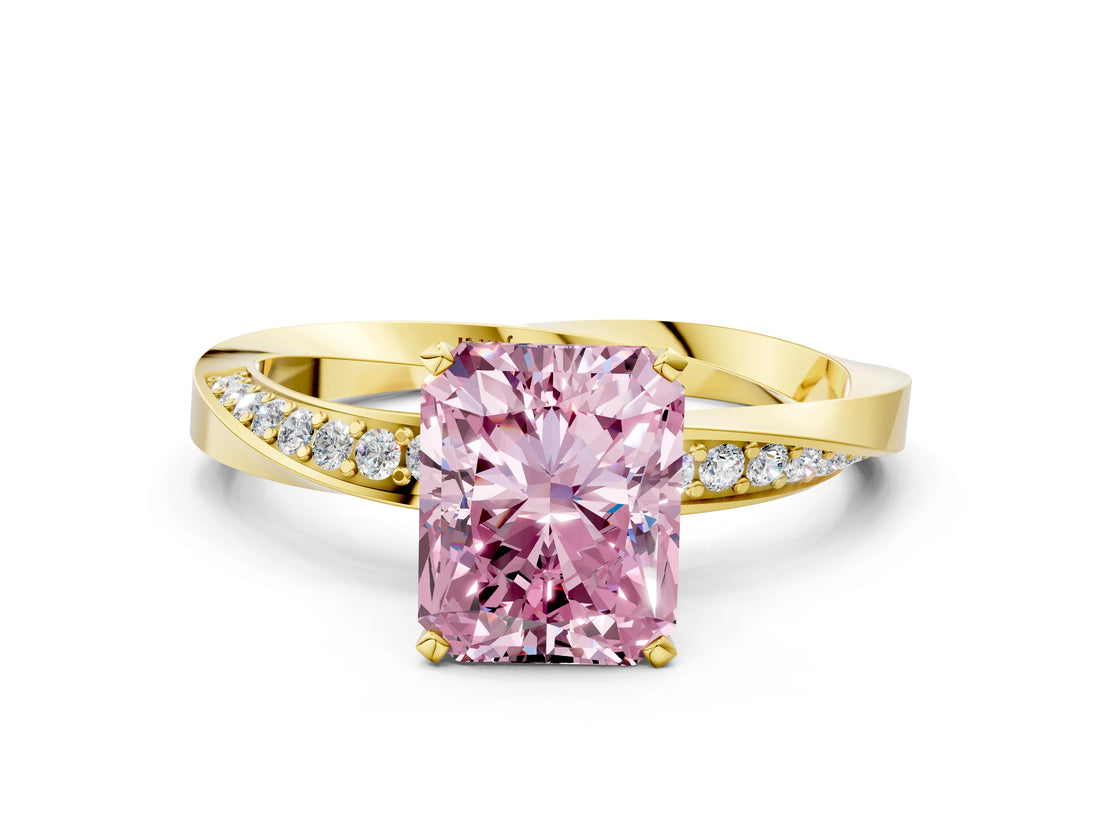 Yellow gold Fancy Pink Radiant Cut Diamond Engagement Ring with Side Stone Accents and Four-Prong Setting_12