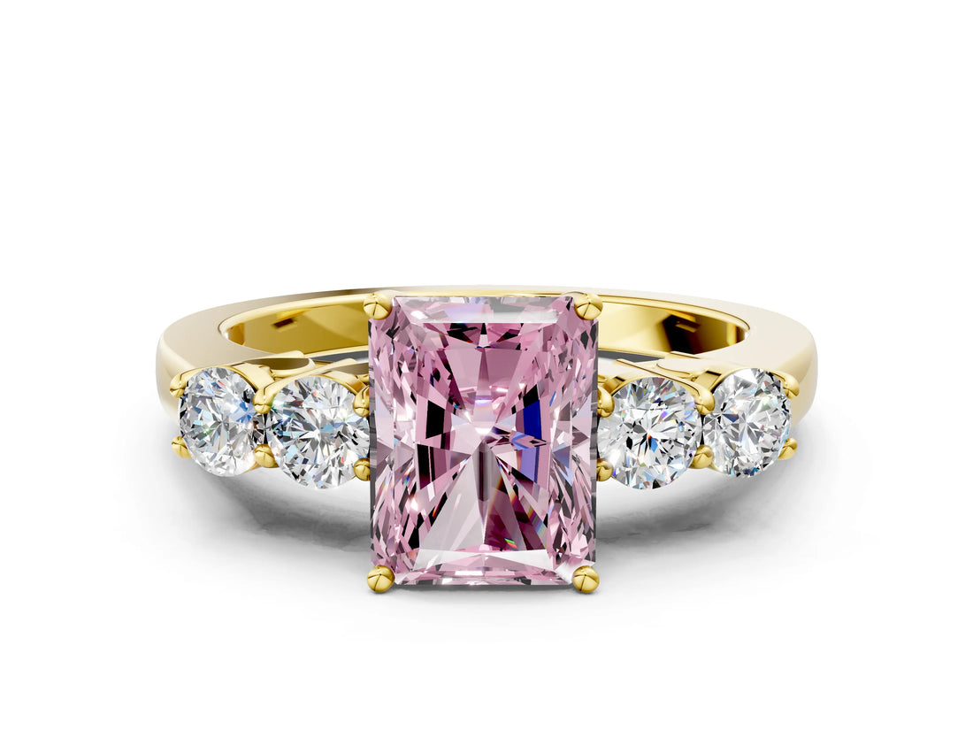 Yellow gold Fancy Pink Radiant  Cut Diamond Five-Stone Prong Set White Gold Ring_32