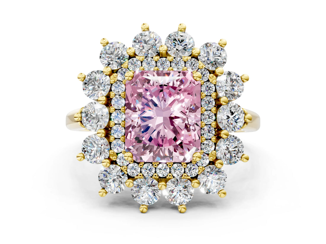 Yellow gold Fancy Pink Radiant Cut Diamond Floral Double Halo Engagement Ring with Prong Setting_24