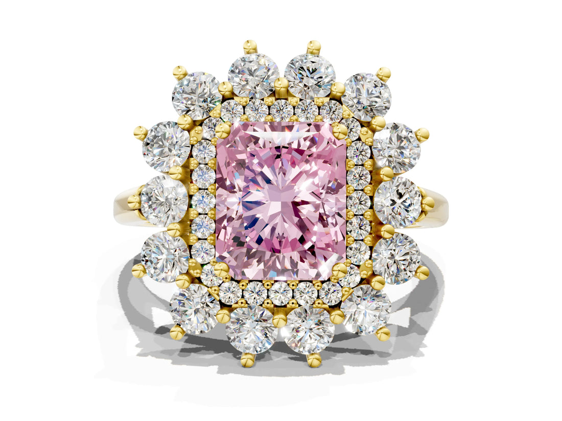 Yellow gold Fancy Pink Radiant Cut Diamond Floral Double Halo Engagement Ring with Prong Setting_60