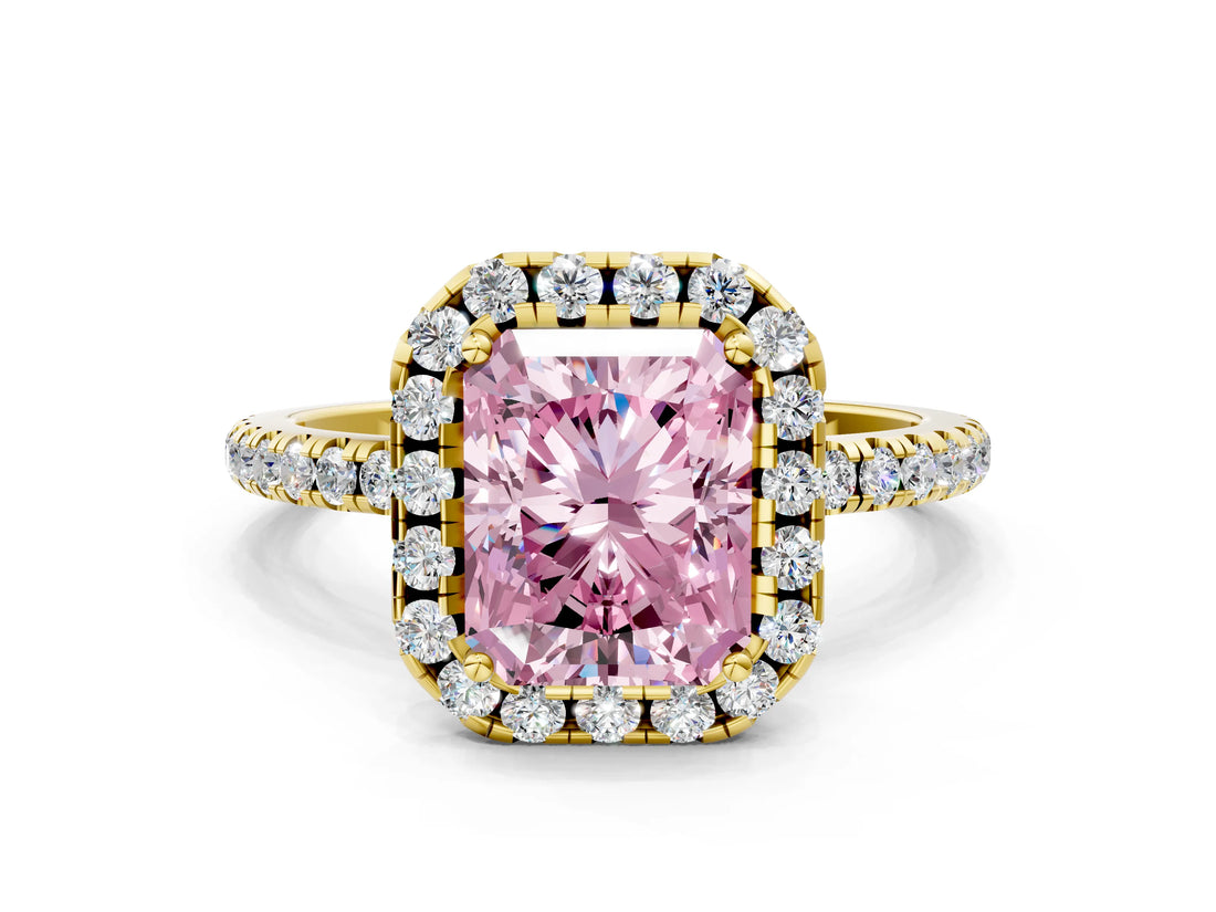 Yellow gold Fancy Pink Radiant  Cut Diamond Floral Halo Engagement Ring with Pavé Band and Prong Setting_36