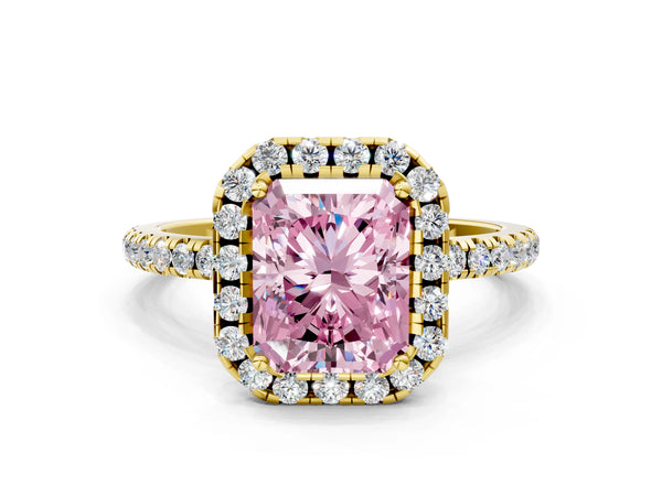 Yellow gold Fancy Pink Radiant  Cut Diamond Floral Halo Engagement Ring with Pavé Band and Prong Setting