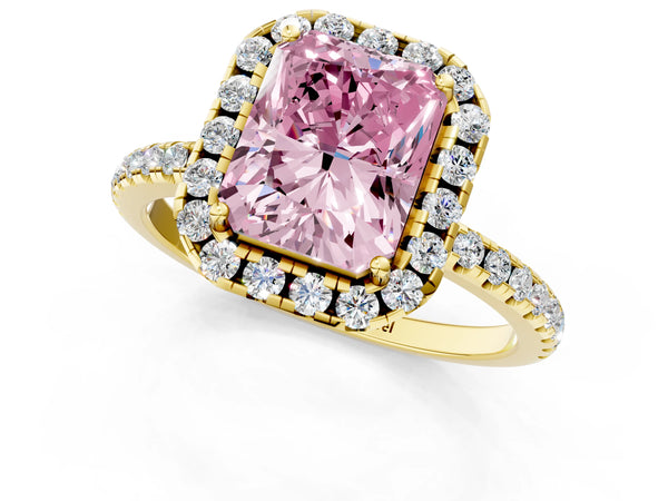 Yellow gold Fancy Pink Radiant  Cut Diamond Floral Halo Engagement Ring with Pavé Band and Prong Setting