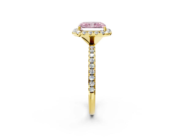 Yellow gold Fancy Pink Radiant  Cut Diamond Floral Halo Engagement Ring with Pavé Band and Prong Setting