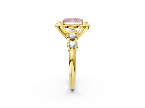 Yellow Gold Radiant Cut Floral Engagement Ring Setting for Fancy Pink Center with Side Accents