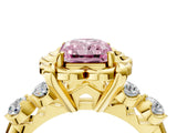 Yellow gold Fancy Pink Radiant  Cut Diamond Floral Halo Engagement Ring with Shared Prong Setting 4