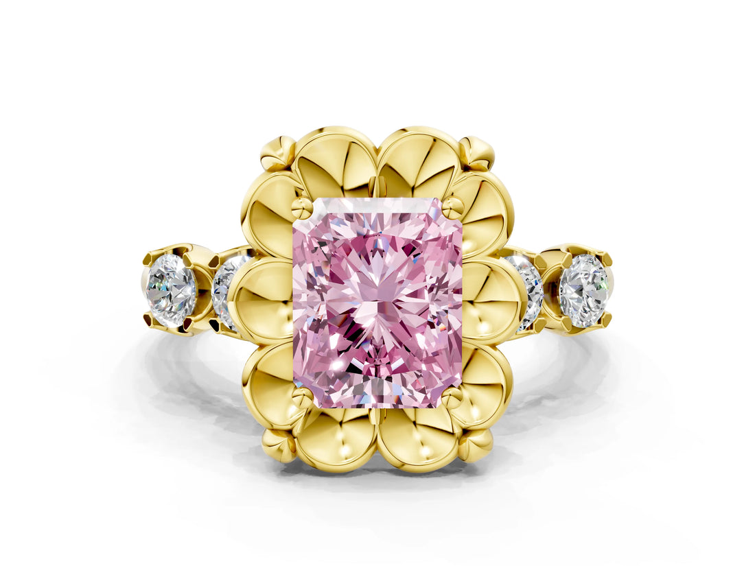 Yellow gold Fancy Pink Radiant  Cut Diamond Floral Halo Engagement Ring with Shared Prong Setting