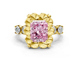 Yellow gold Fancy Pink Radiant  Cut Diamond Floral Halo Engagement Ring with Shared Prong Setting