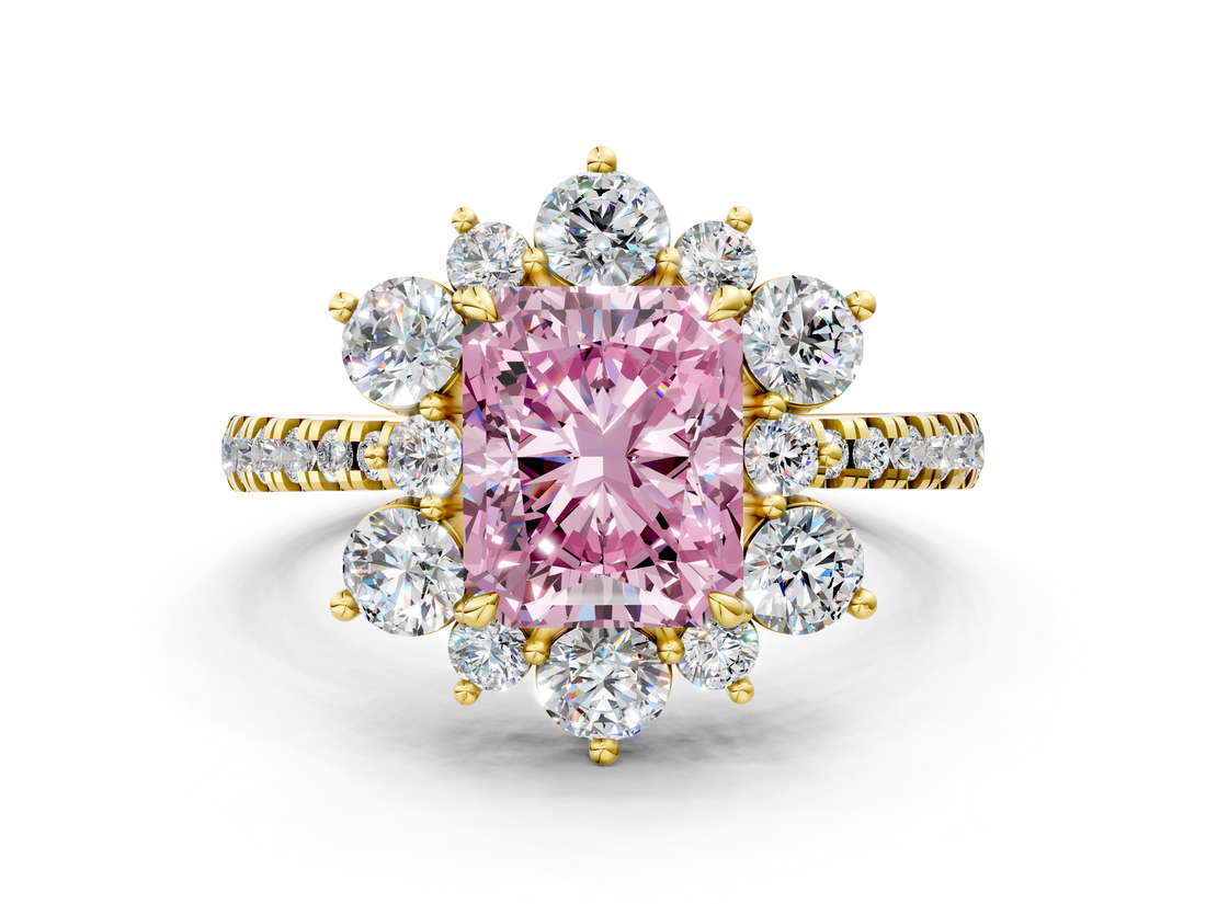 Yellow gold Fancy Pink Radiant  Cut Diamond Floral Halo Pave Band with Prong Setting_37