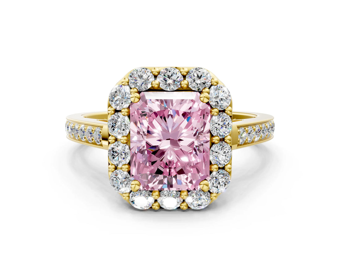 Yellow gold Fancy Pink Radiant Cut Diamond Floral Halo Ring with Pavé Band and Prong Setting_3